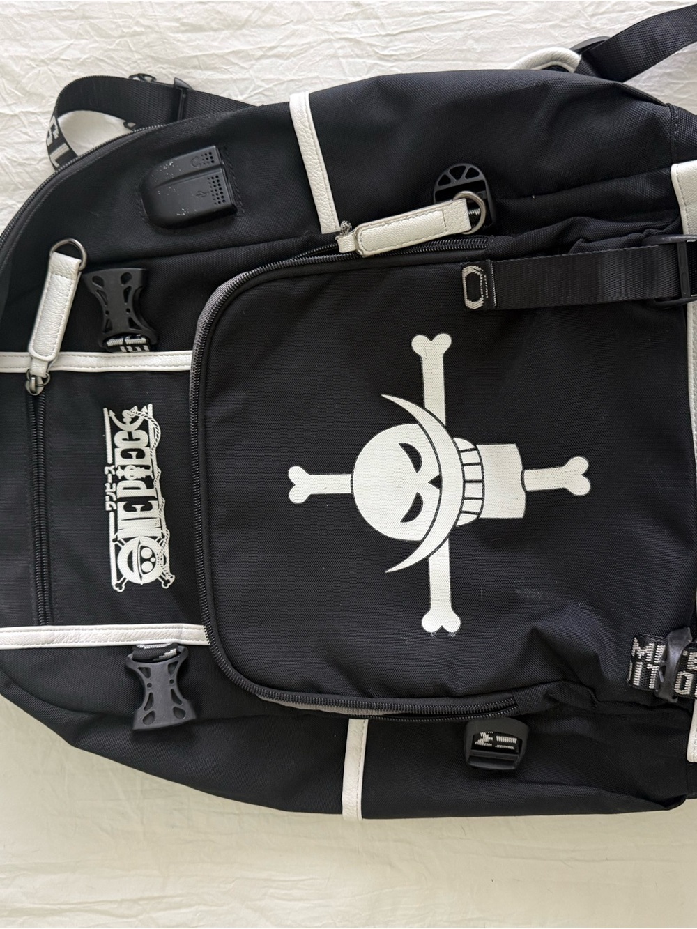 Onepiece Black Canvas Backpack with White Skull Emblem